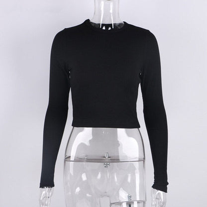 O Neck Long Sleeve Shirt Women Ribbed Sexy Cropped Tops Casual Skinny T Shirts White