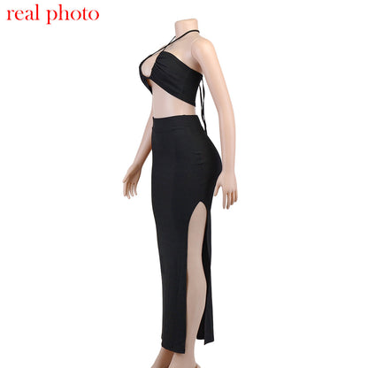 Cryptographic Bandage Cut Out Sexy Halter Neck Top and Skirts Set Gathered Elegant