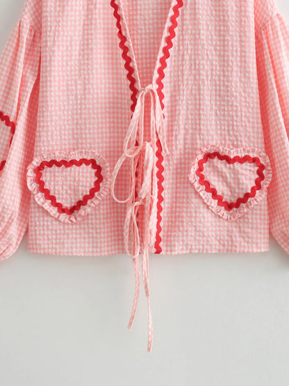 Heart Pockets Ladies V Neck Bow Buttons Blouses