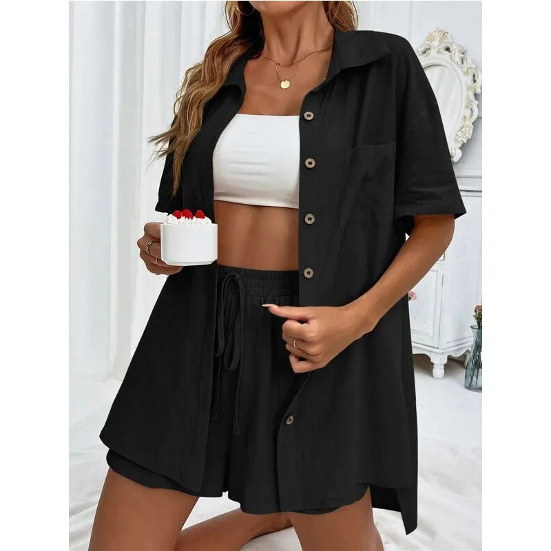 Solid Color Casual Loose Short Pants Sets For Women