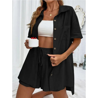 Solid Color Casual Loose Short Pants Sets For Women