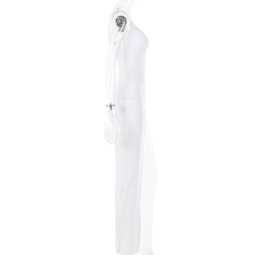 Drawstring High Slit Shoulder Slim Elastic Maxi Bodycon Dress