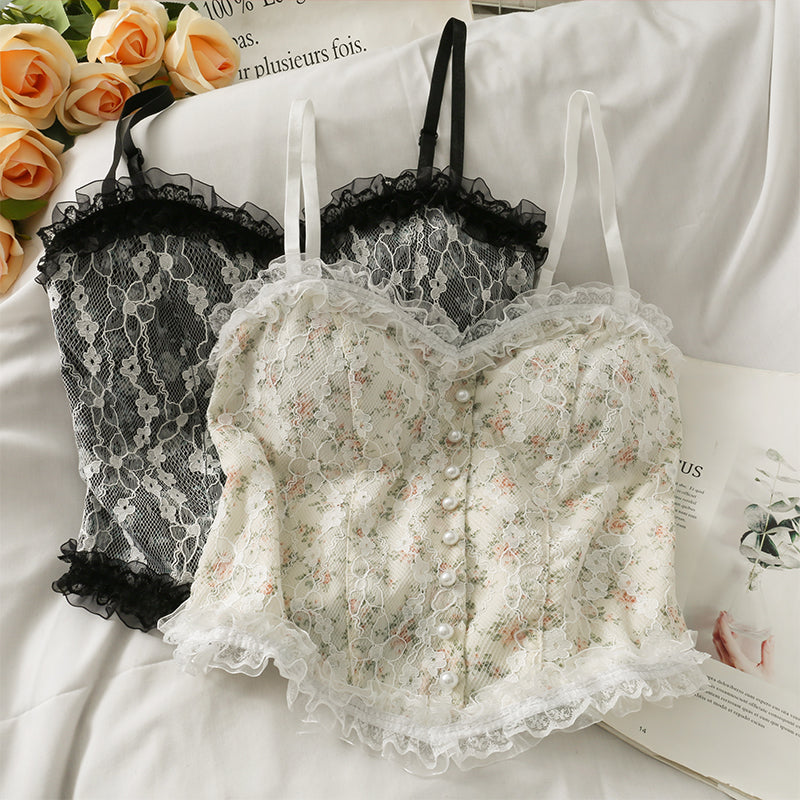 French Print Lace Cami Crop Tank Top Camisole Women&