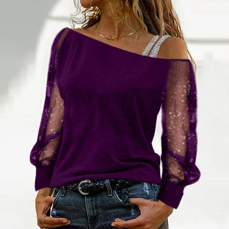Woman Tshirts Long Sleeve Solid Colour Sexy Off Shoulder Tops Casual Streetwear T-shirt