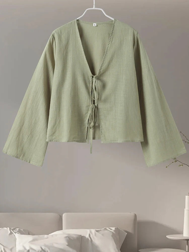 Cotton Linen Lace Up Bow Shirts Women Loose Hollow Out V Neck Long Sleeve Tops