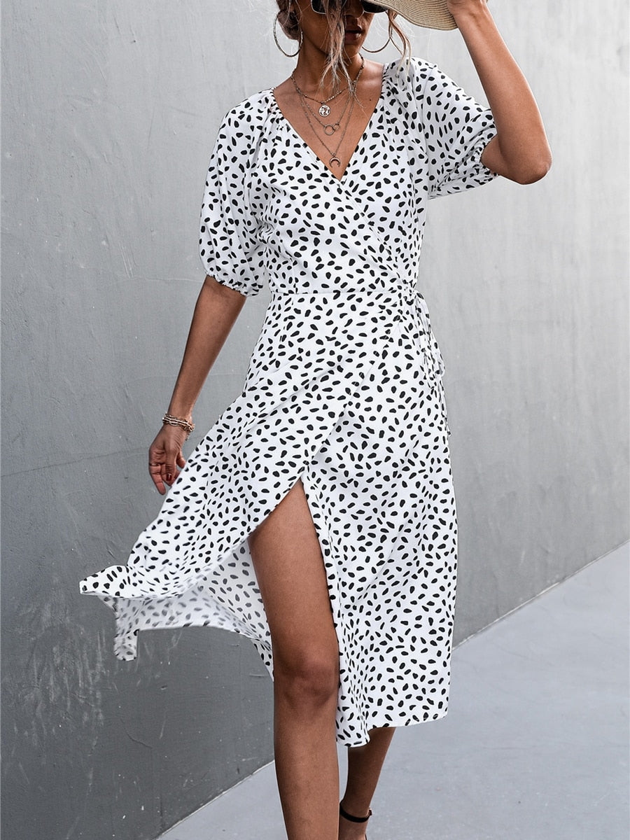 Woman Short Sleeve V Neck Chiffon Wrap Dresses Polka Dot Streetwear Elegant Midi Dress