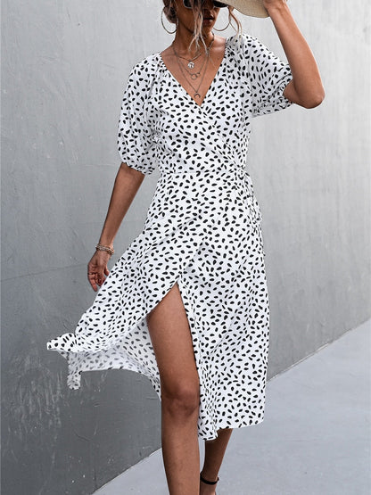 Woman Short Sleeve V Neck Chiffon Wrap Dresses Polka Dot Streetwear Elegant Midi Dress