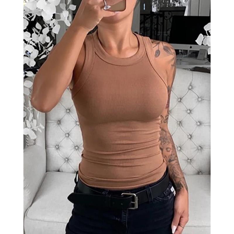 Women Solid Round Neck Ribbed Tank Top Camisole Women Summer Basic Elastic Tank Top