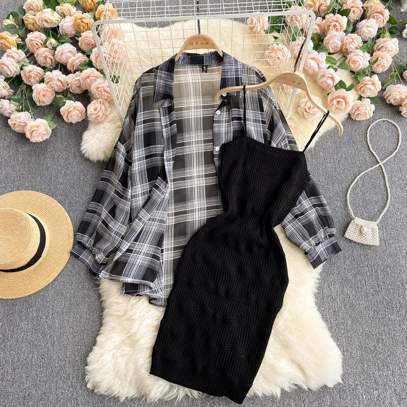 Summer Women Two Piece Set Plaid Long Sleeve Sunscreen Shirt+A-line Knitting Slip Dress