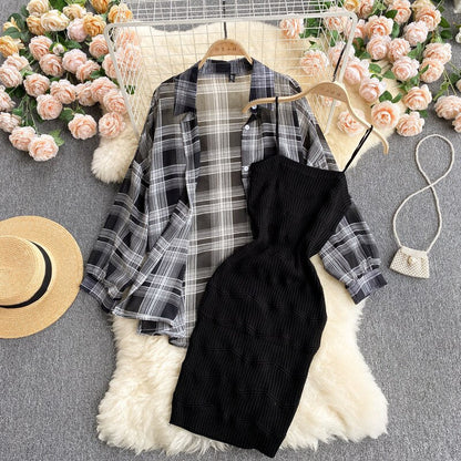 Summer Women Two Piece Set Plaid Long Sleeve Sunscreen Shirt+A-line Knitting Slip Dress