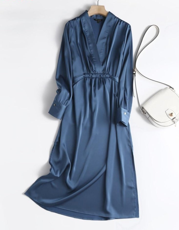 Autumn Fashion Women Elegant Satin Dress Long Sleeve Office Ladies Midi Dress