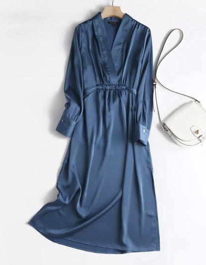 Autumn Fashion Women Elegant Satin Dress Long Sleeve Office Ladies Midi Dress