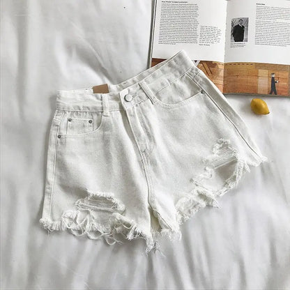 Pocket Tassel Perforated Denim Shorts Female