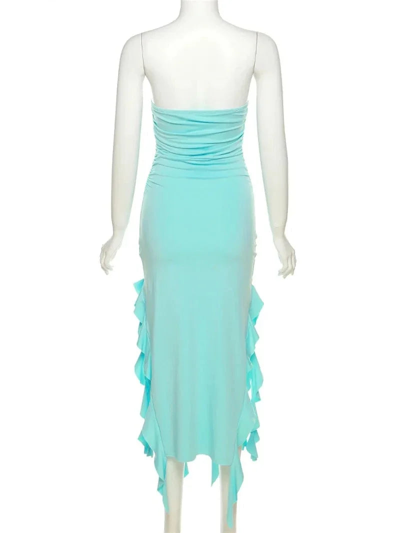 Elegant Strapless Dress Women Irregular Tassel Skinny Split Maxi Bodycon