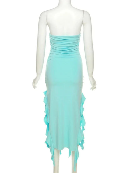 Elegant Strapless Dress Women Irregular Tassel Skinny Split Maxi Bodycon