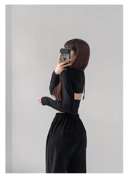 Y2K T-shirt Two Piece Women Long Sleeve Smock+Knitted Halterneck Camis Skinny Cropped Tops Woman