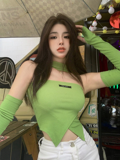 Green Halter Sleeveless T-shirts Women Sexy Slim Irregular Long Sleeve Cropped Tops