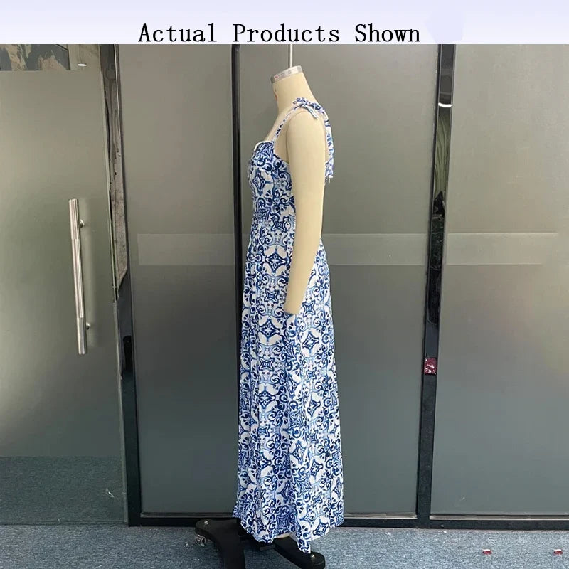 Porcelain Print Slim Strap Sleeveless Tie up Backless Split Dresses