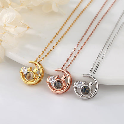 Moon Cat with customizable photos Projection Necklace  Pendant Jewelry