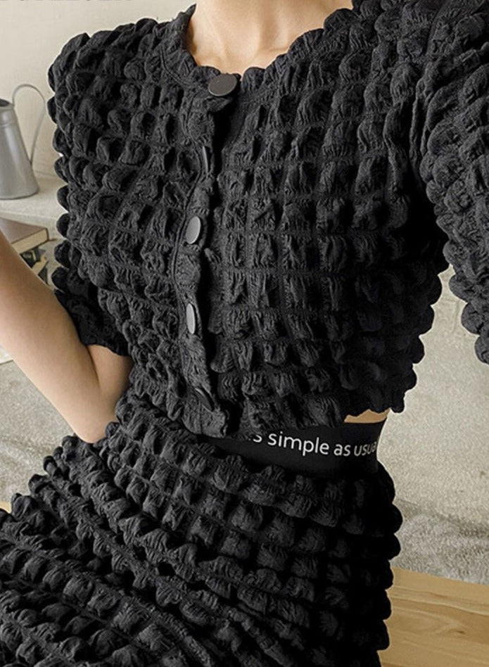 Summer Ladies 2 Pieces Skirt Set Short Sleeve Single-breasted Tops &amp; High Waist