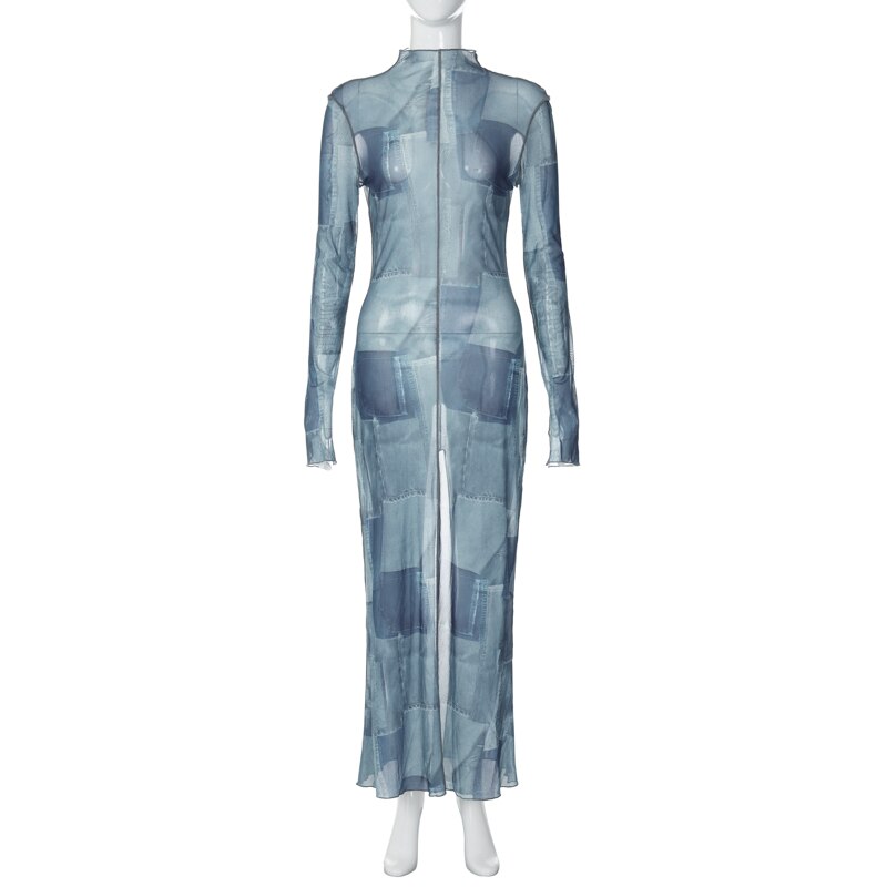 Mesh O Neck Long Flare Sleeve Print Slit Vintage Sexy Bodycon Maxi Dress