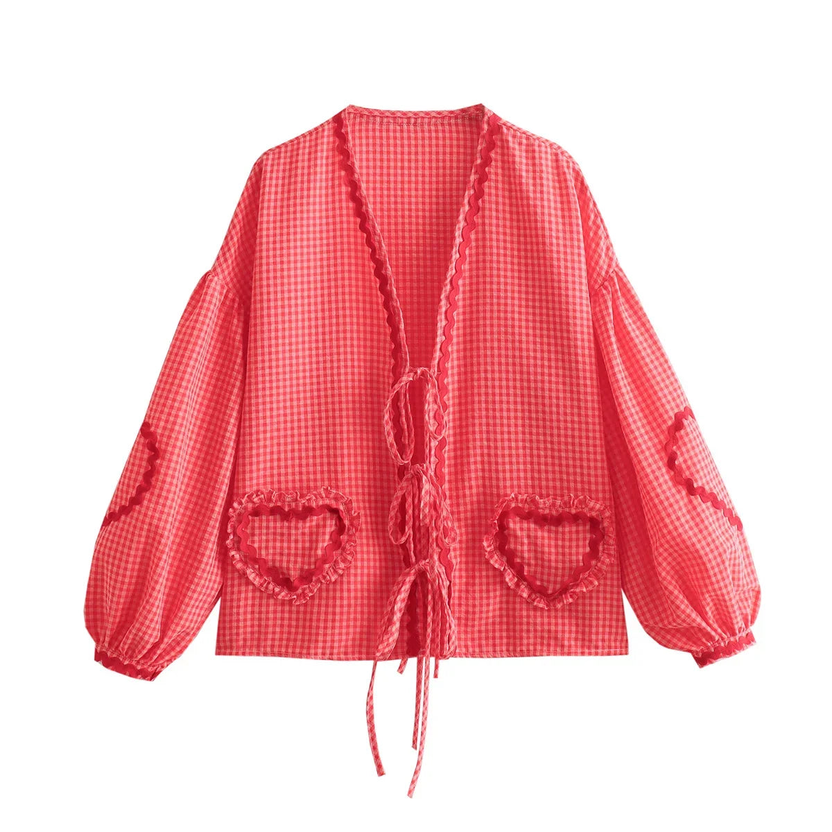 Heart Pockets Ladies V Neck Bow Buttons Blouses