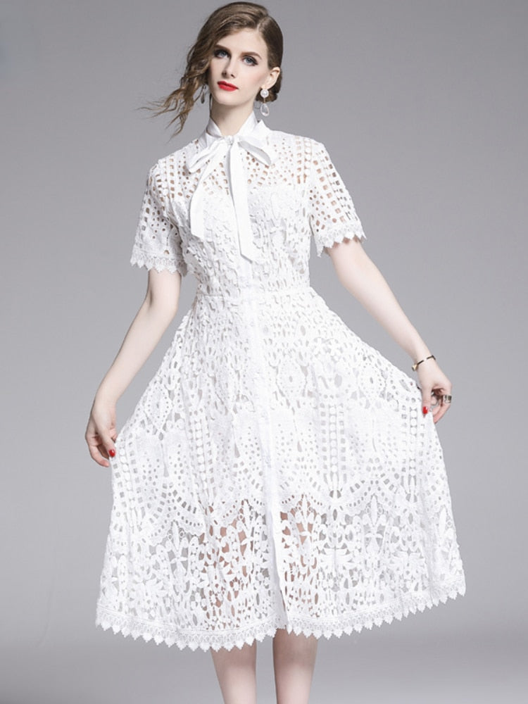 Lace Hollow Out Stand Collar Short Sleeve Dress High Waist Mid-calf Dress