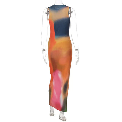 Tie Dye Print Ribbed Midi Dress Bodycon Side Slit Y2K