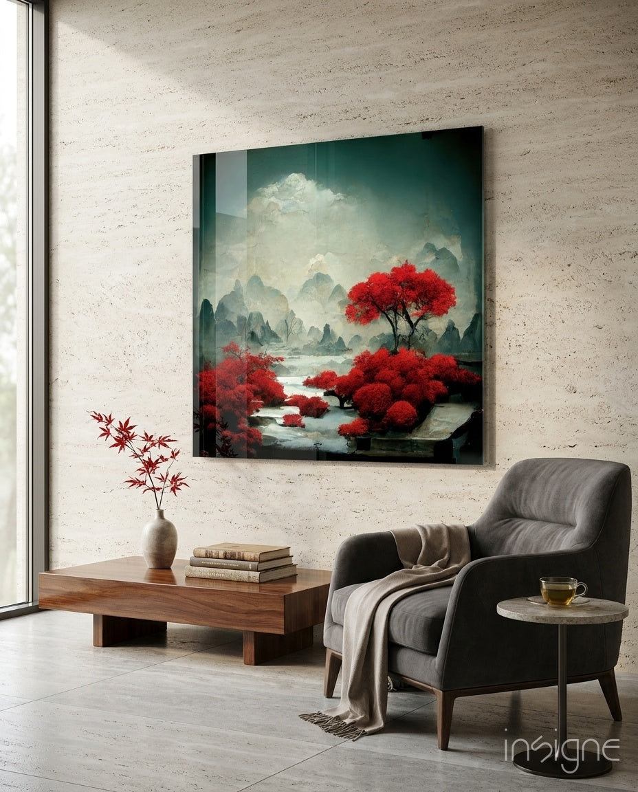 Red Forest Glass Wall Art  || Designer Collection