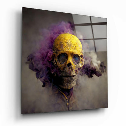 Front Facing Yellow Skull Violet Haze Glass Wall Art