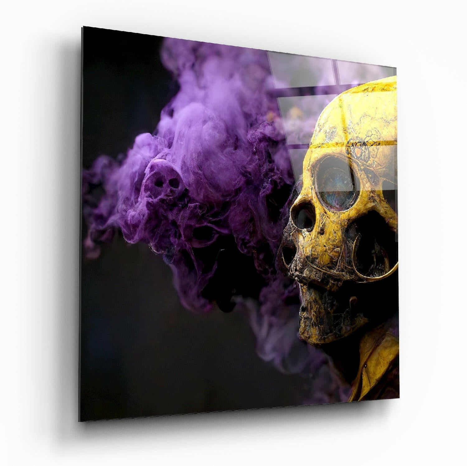 Golden Skull Profile Purple Smoke Glass Wall Art