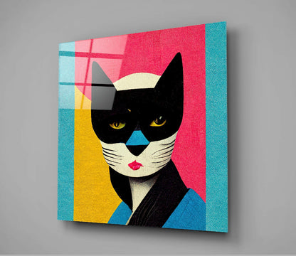 Black Masked Cat Pink Yellow Blocks Glass Wall Art