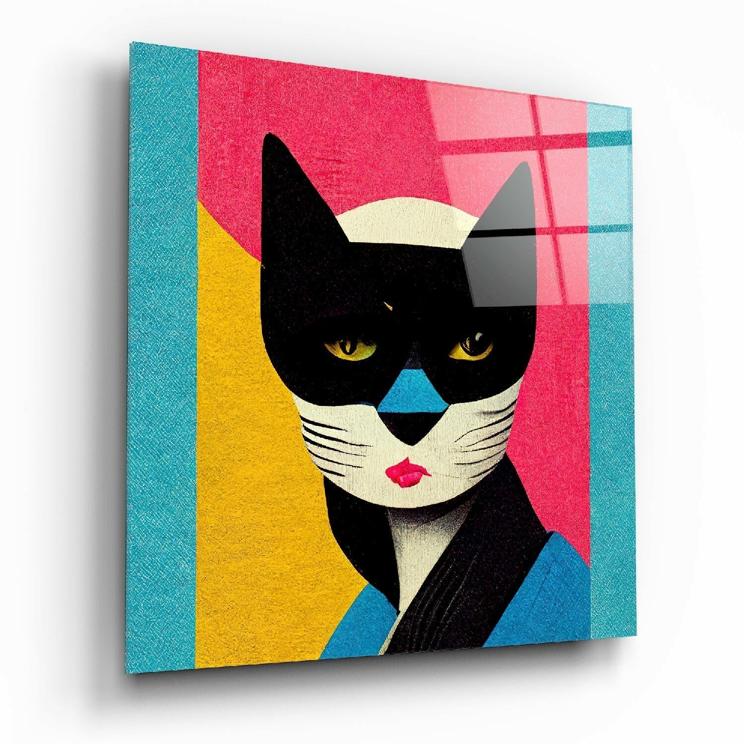 Black Masked Cat Pink Yellow Blocks Glass Wall Art