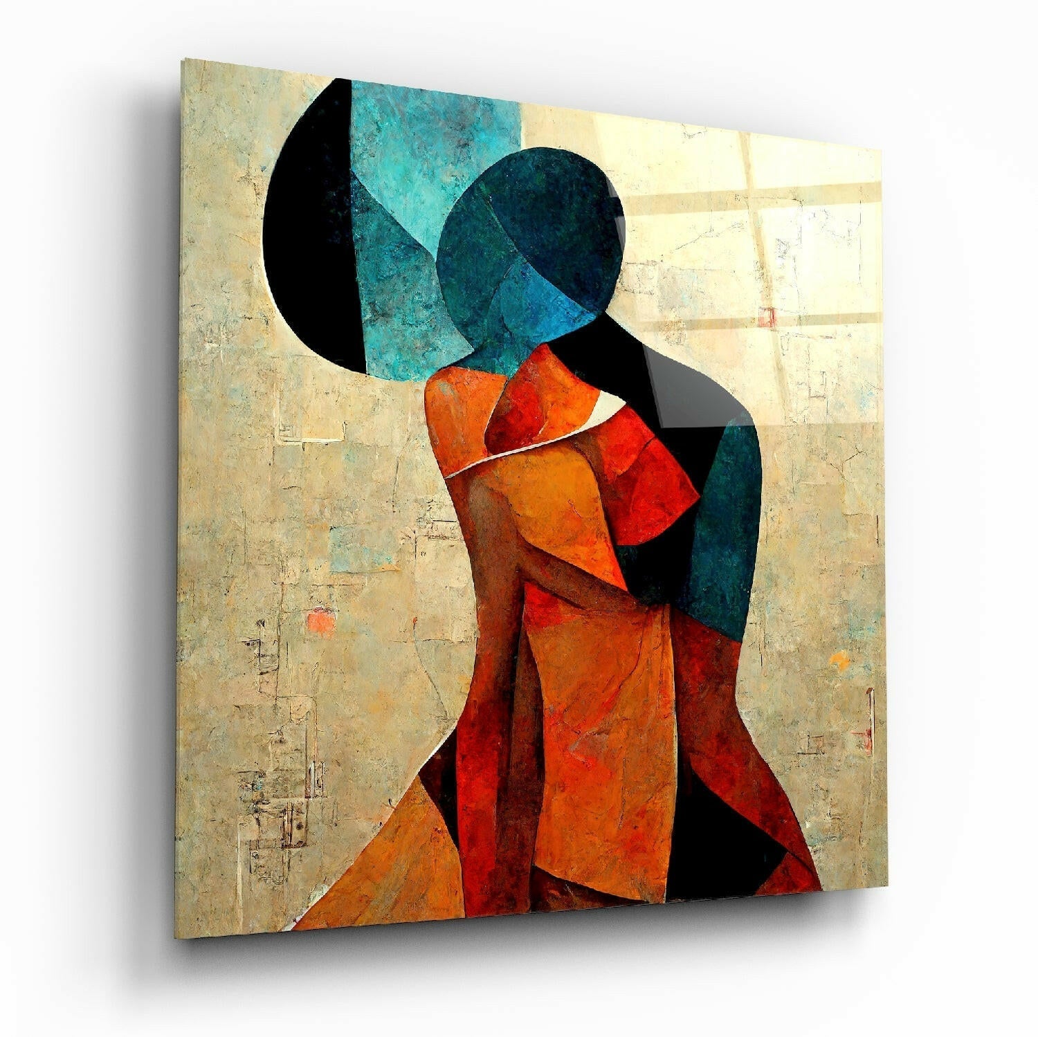 Cubist Teal Orange Embracing Couple Glass Wall Art