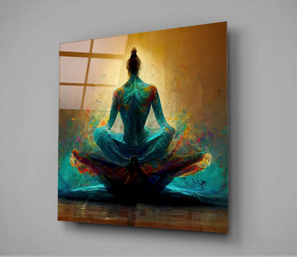 Turquoise Lotus Meditation On Gold Glass Wall Art