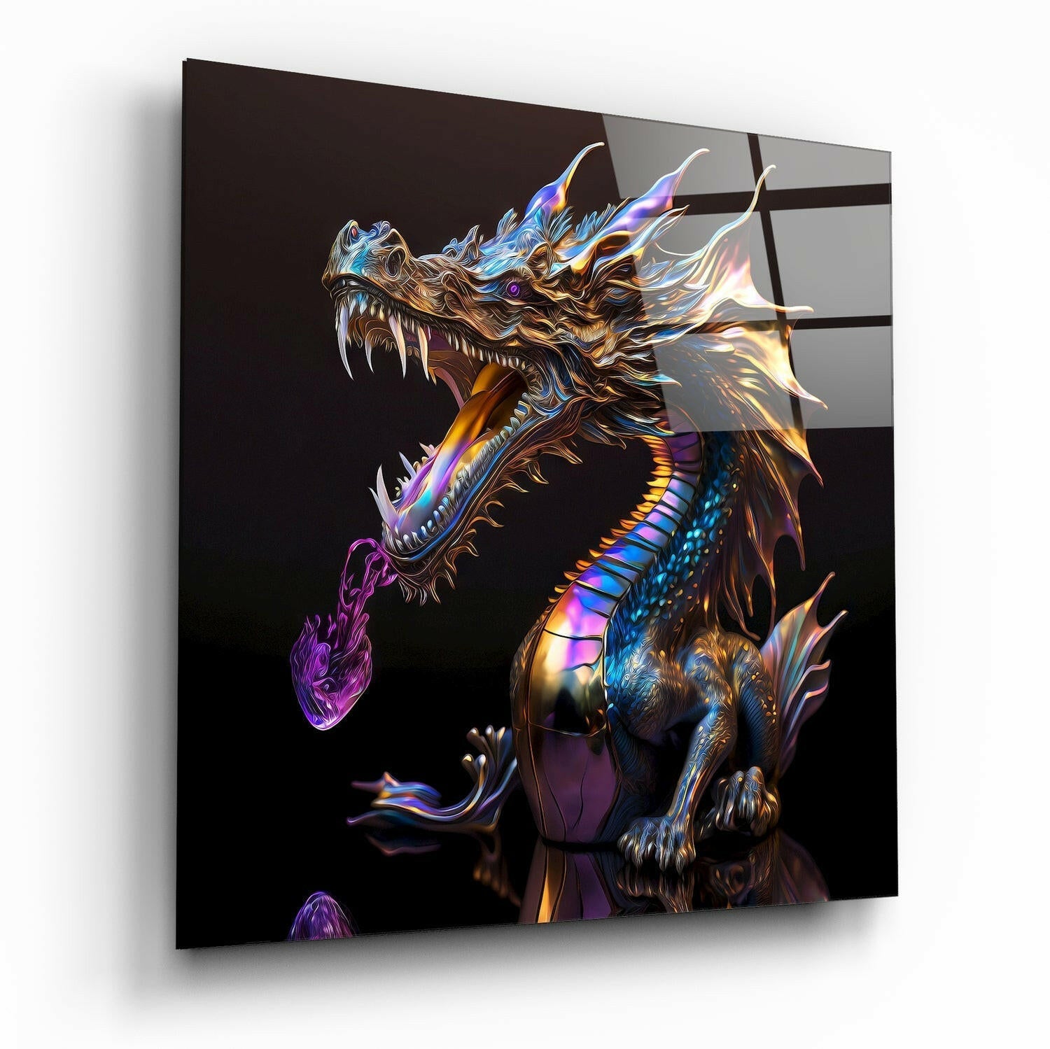 Chrome Dragon Breathing Purple Flame Glass Wall Art