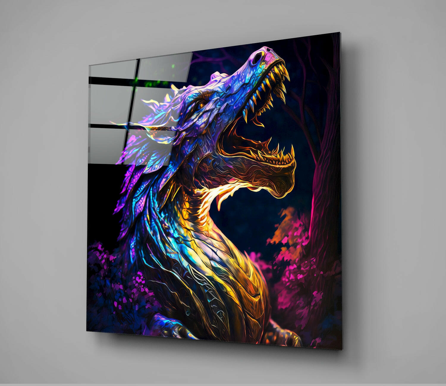 Neon Purple Dragon in Glowing Forest Glass Wall Art