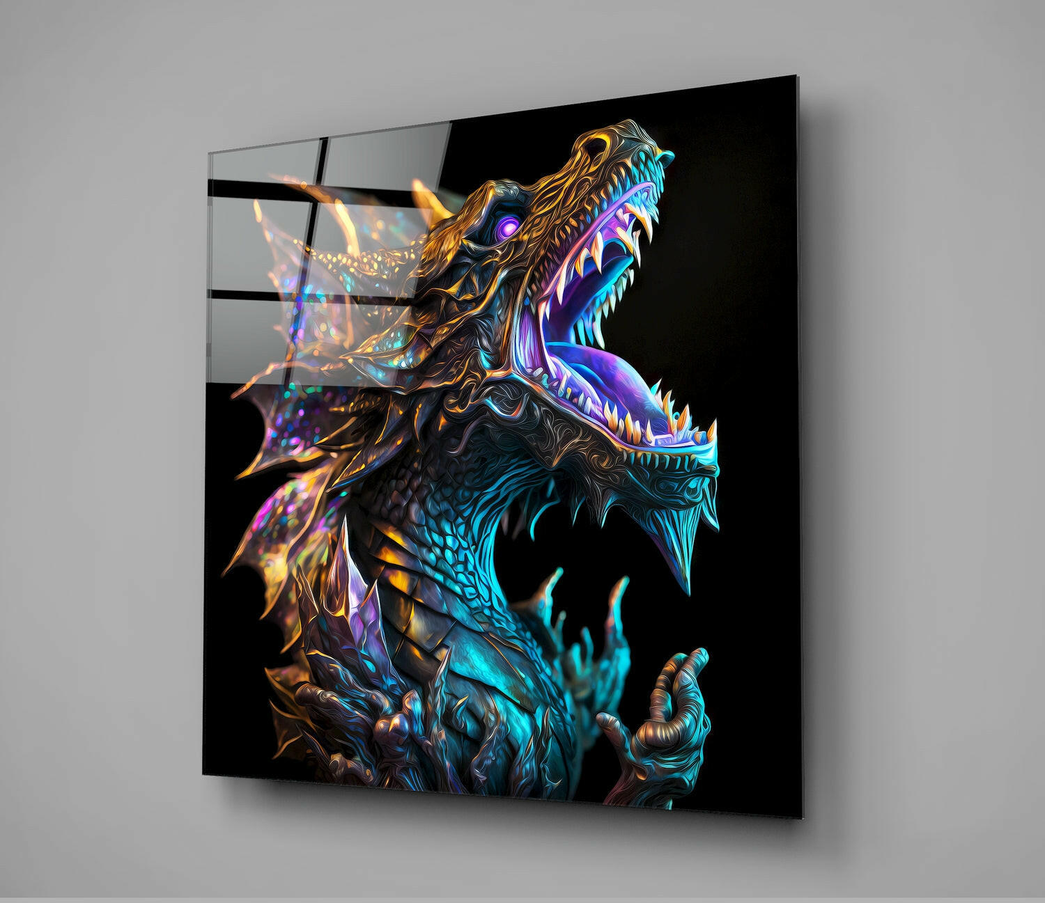 Iridescent Teal Roaring Dragon on Black Glass Wall Art