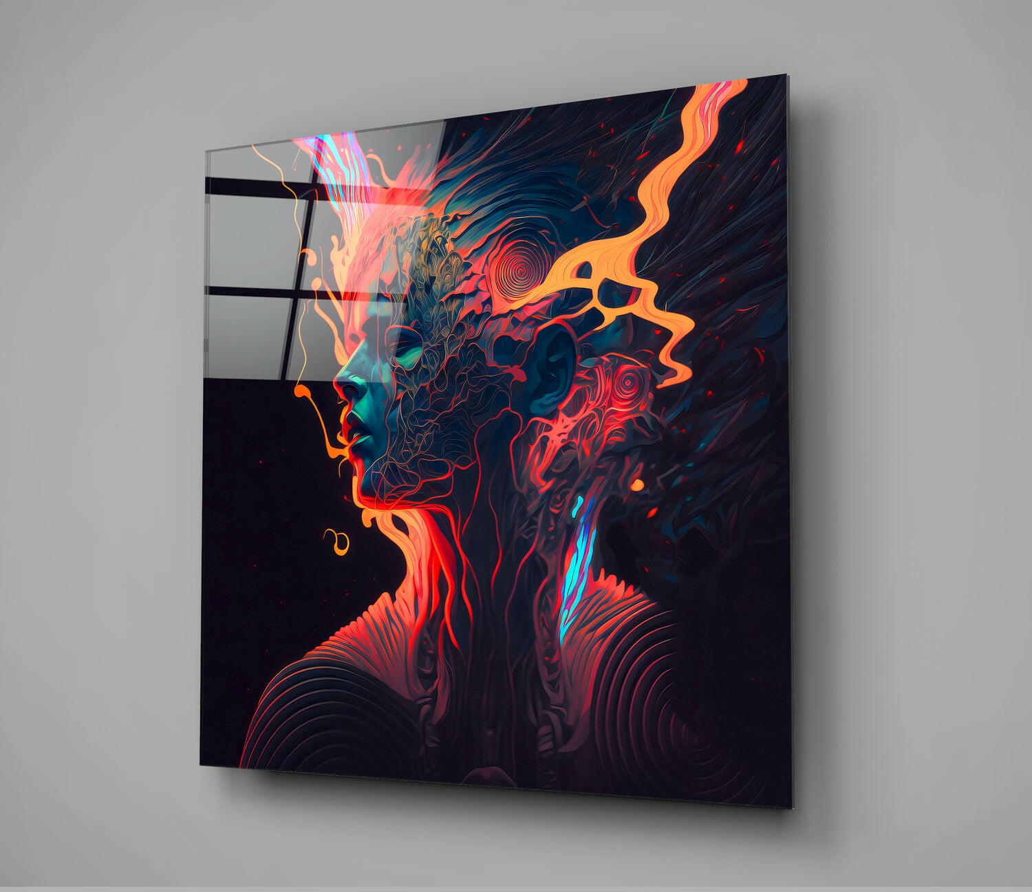 Orange Flame Ripple Head Profile Glass Wall Art