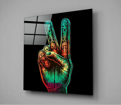 Colorful Peace Fingers Hand Sign Glass Wall Art