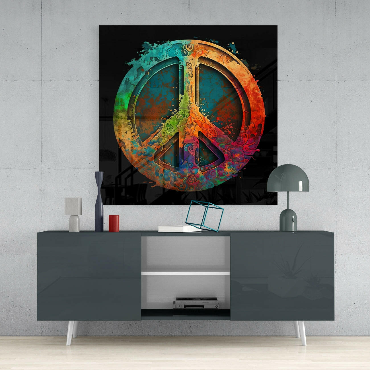 Swirl Textured Teal Orange Peace Sign Glass Wall Art