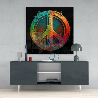 Swirl Textured Teal Orange Peace Sign Glass Wall Art