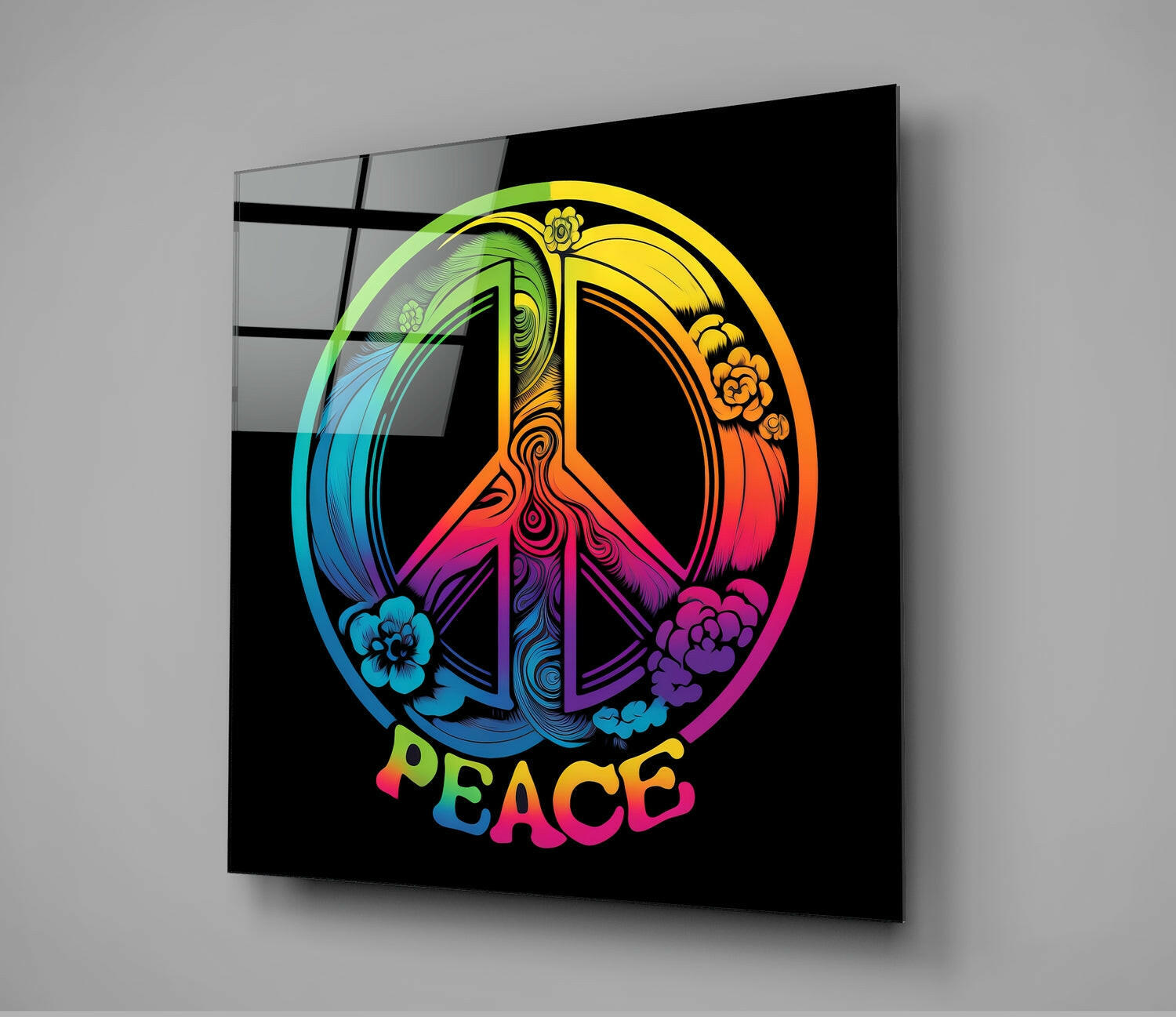 Neon Floral Rainbow Peace Sign Glass Wall Art