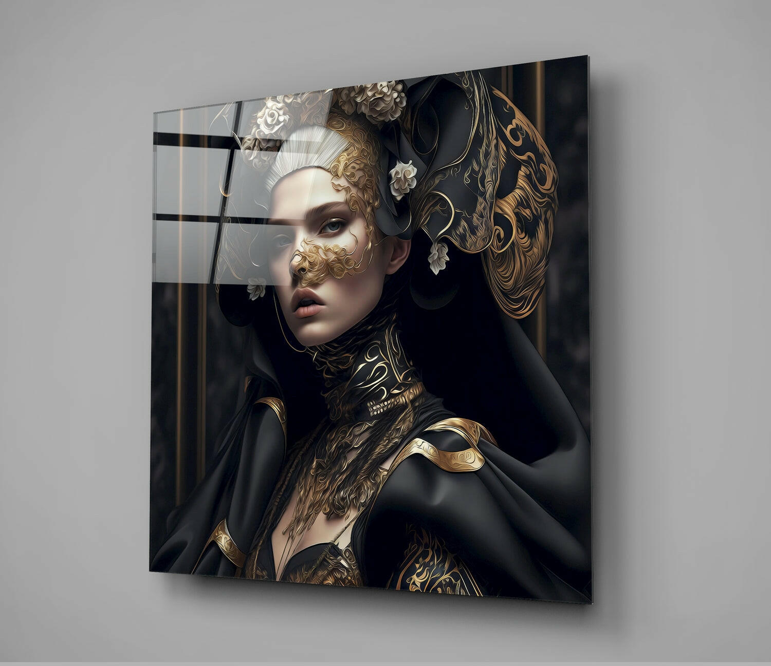 Black Cloak Gold Baroque Woman Glass Wall Art