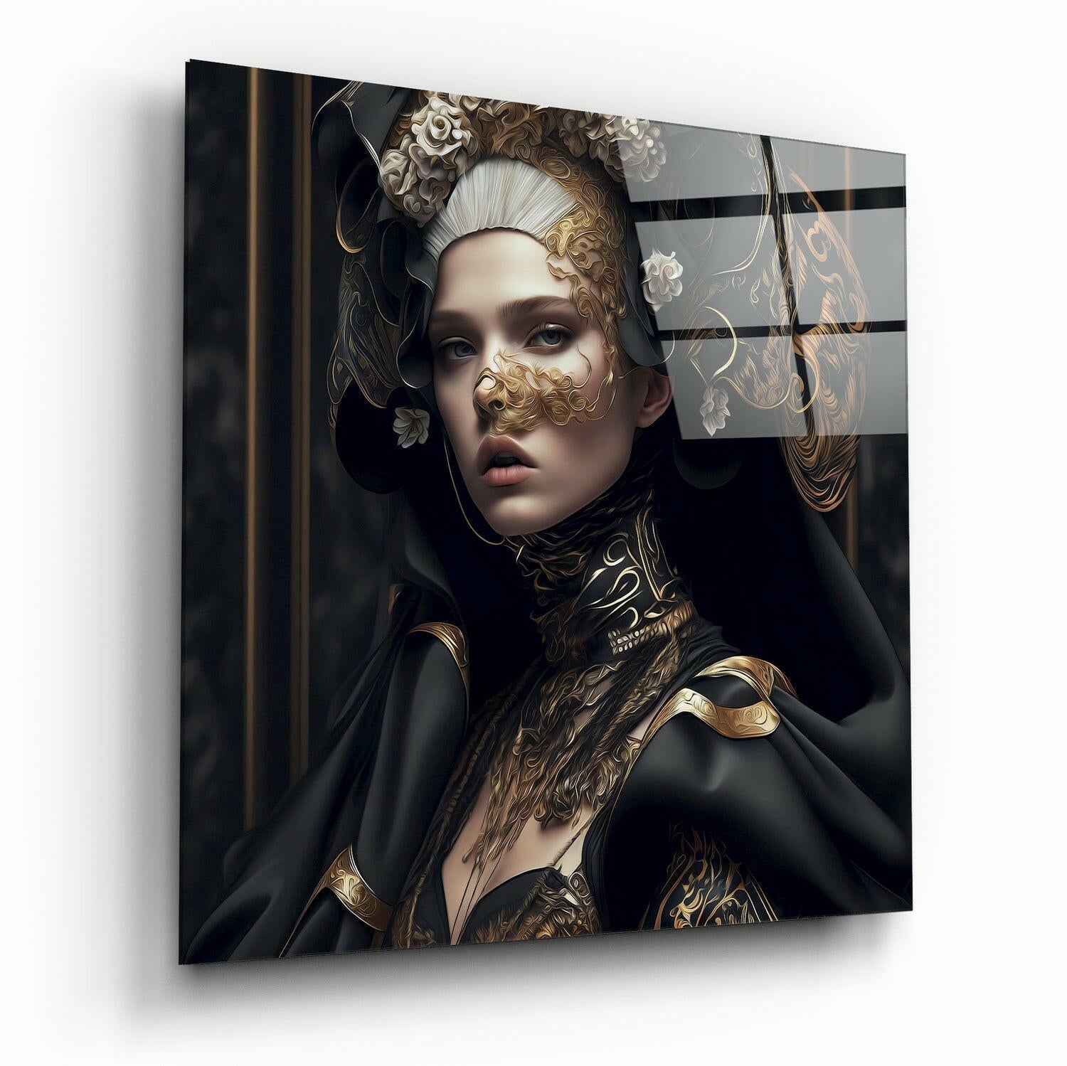 Black Cloak Gold Baroque Woman Glass Wall Art