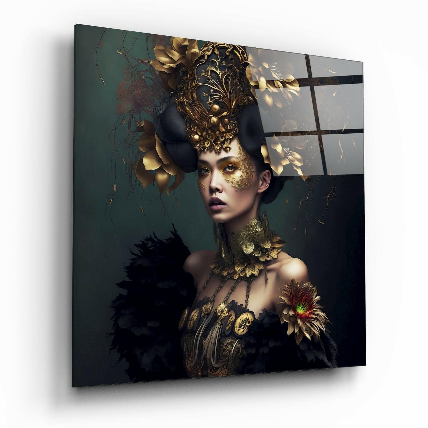Gold Horned Headdress Emerald Lady Glass Wall Art