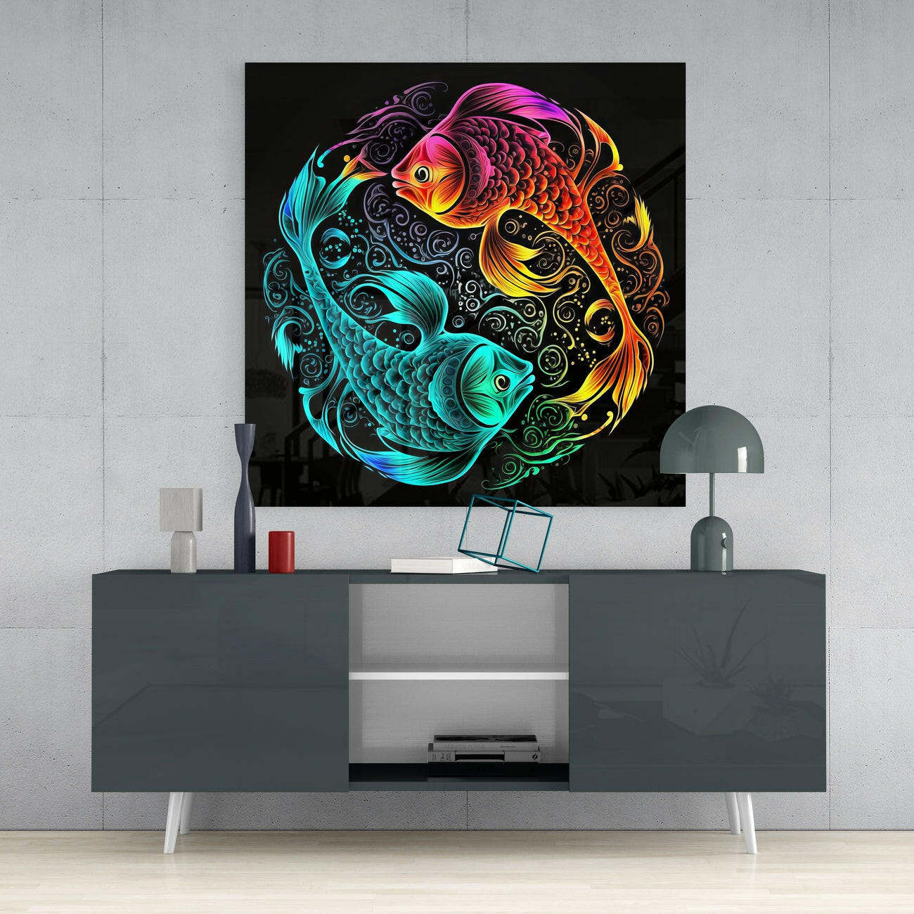 Neon Koi Fish Circle Yin Yang Glass Wall Art