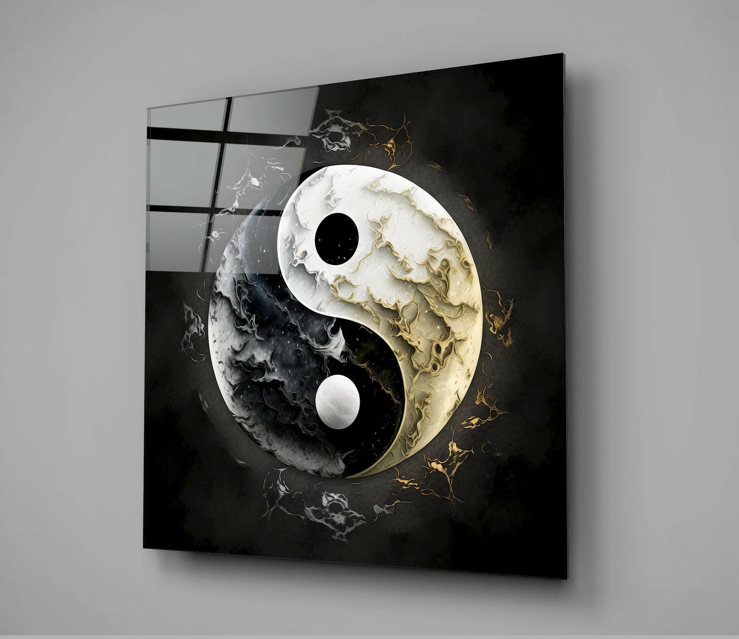 Marbled Black White Yin Yang Glass Wall Art