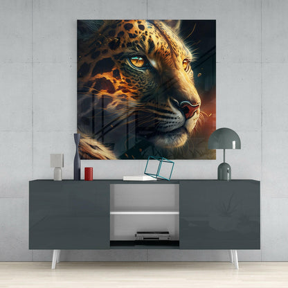 Golden Leopard Profile Ember Glow Glass Wall Art