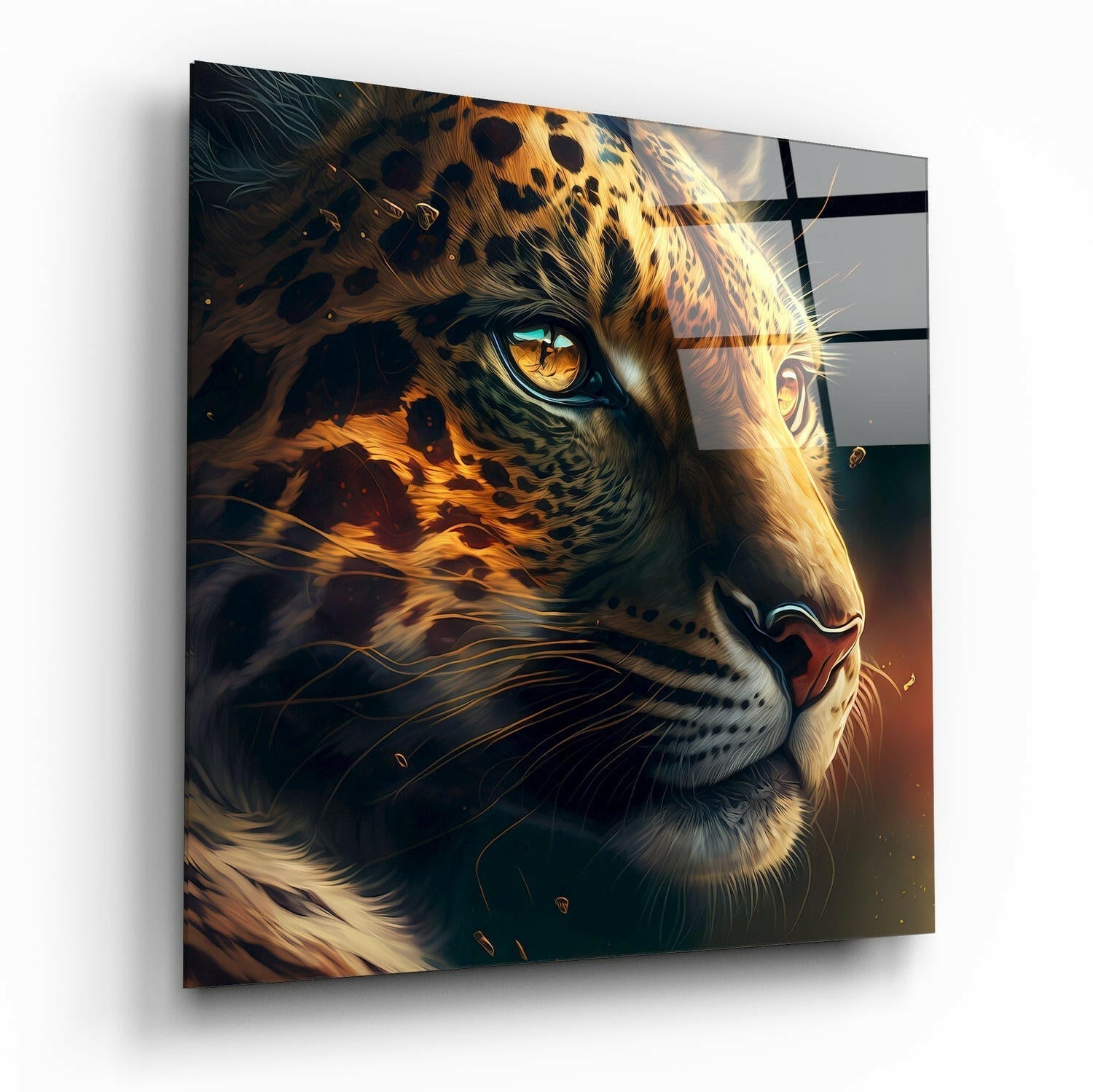 Golden Leopard Profile Ember Glow Glass Wall Art
